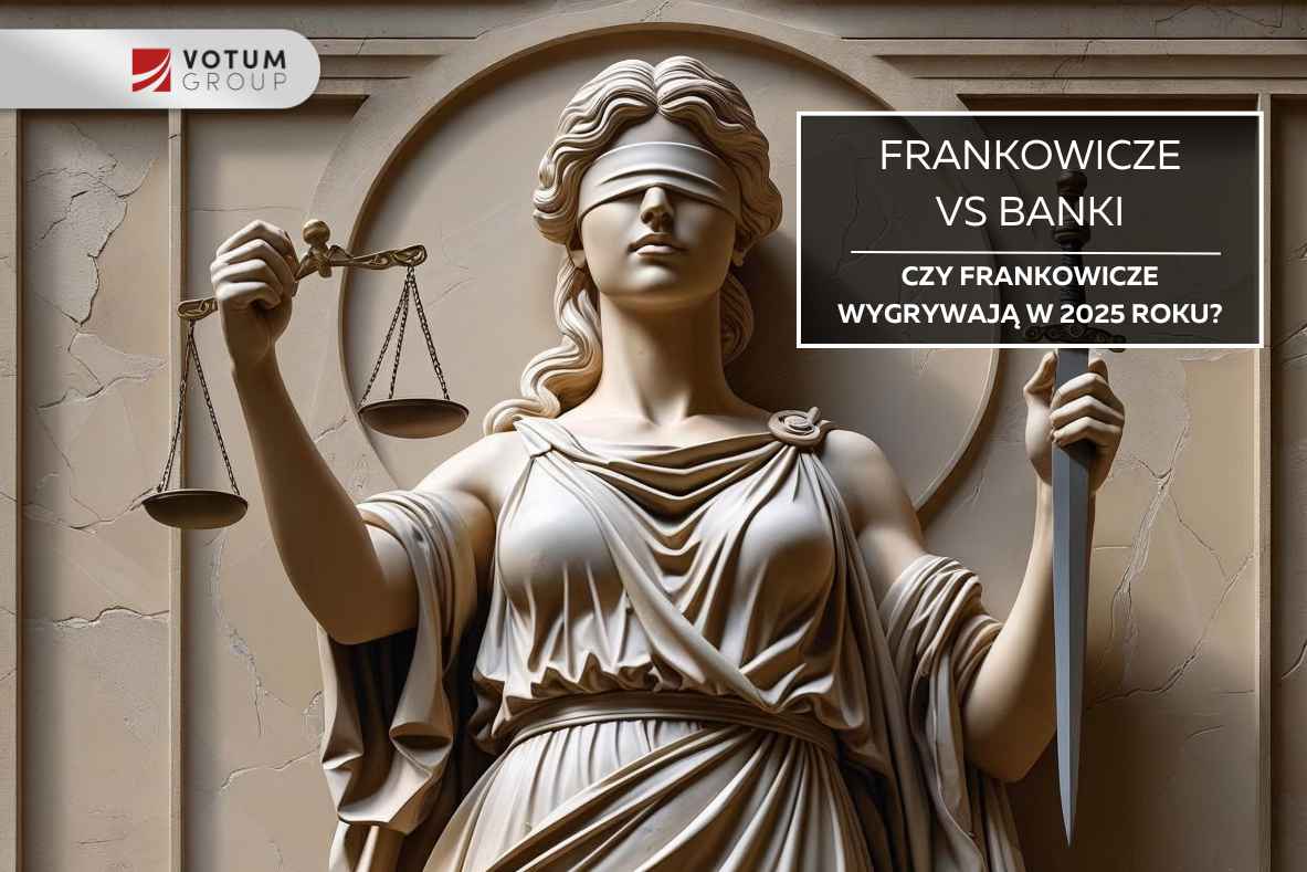 Na zbliżeniu widoczna jest posąg Temidy z zasłoniętymi oczami, trzymającej wagę szalkową i miecz, a na pierwszym planie umieszczony jest prostokątny napis FRANKOWICZE VS BANKI