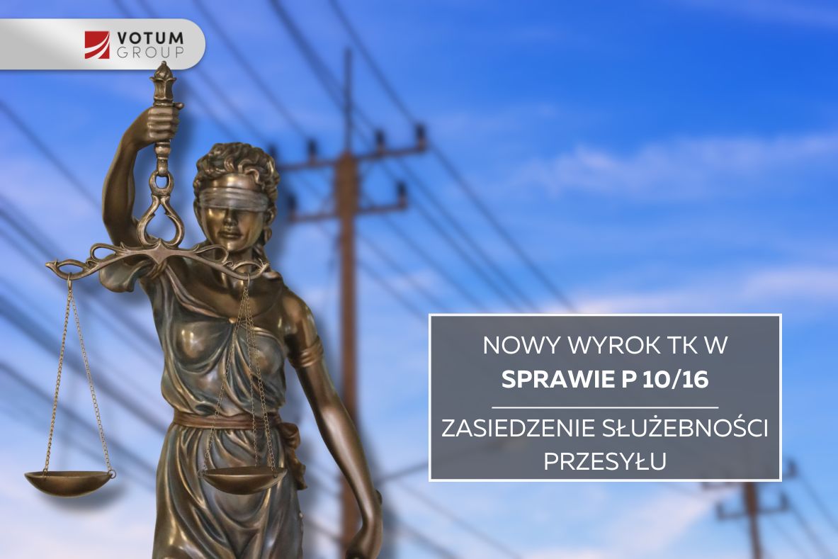 Temida z wagą na tle infrastruktury przesyłowej - grafika zapowiadająca ogłoszenie wyroku TK w sprawie P 10/16