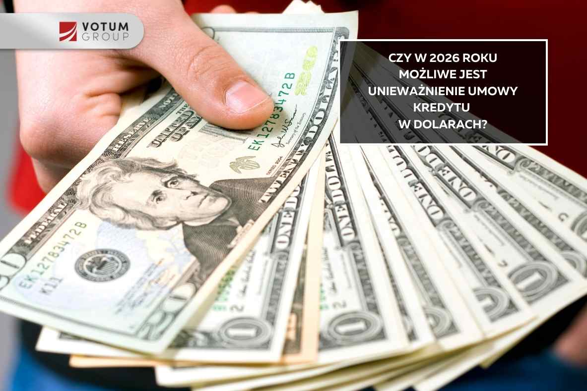 Banknoty dolarowe trzymane w dłoni z napisem o możliwości unieważnienia umowy kredytu w dolarach w 2026 roku.