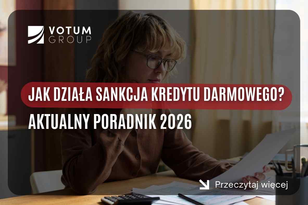 skd-poradnik-votum Woman in glasses at a desk reviewing papers; bold Polish headline about how the free credit sanction works, by VOTUM Group (Przeczytaj więcej).