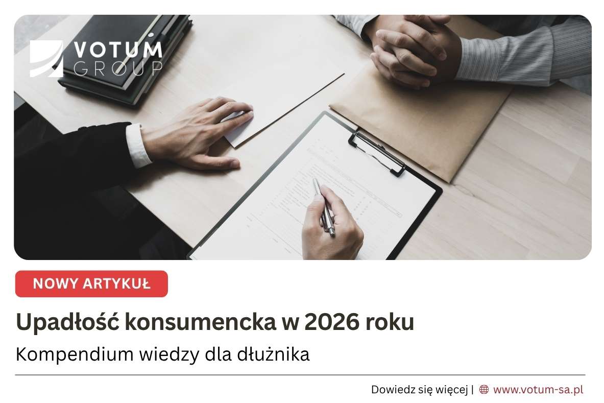 kalkulator-sluzebnosci Hero image for a legal article: two people at a desk signing documents, VOTUM GROUP logo in corner, red 'NOWY ARTYKUŁ' badge visible, suggesting new article on consumer bankruptcy in 2026.